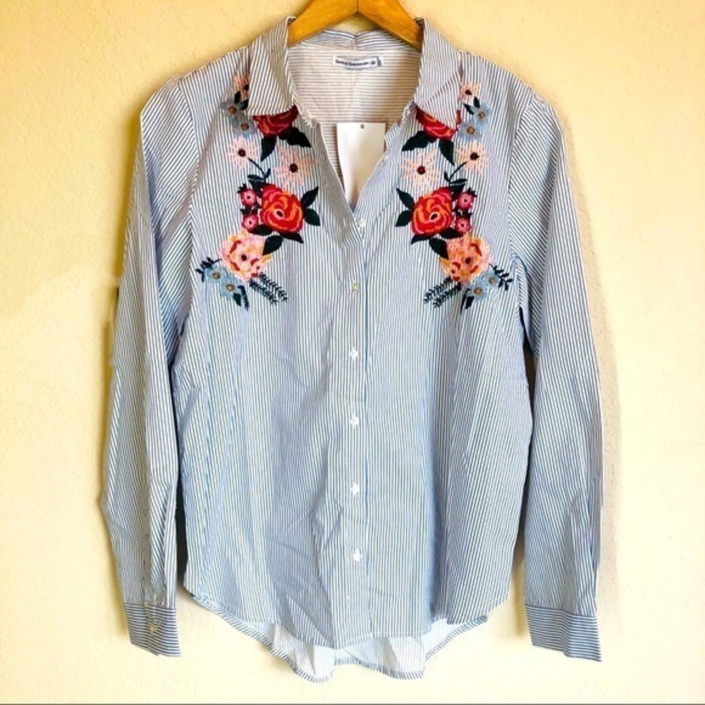 Blue & White Button Down with Floral Embroidery